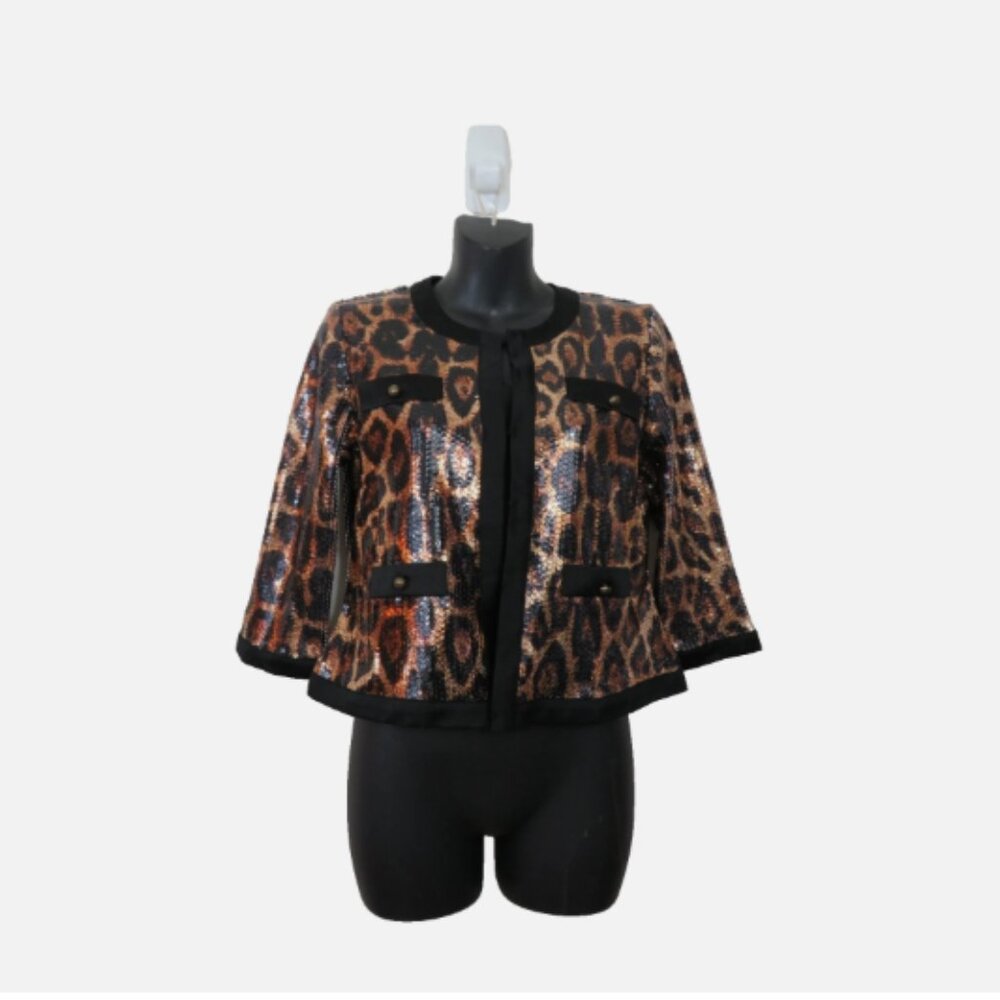 Michael Simon size Petite Medium Leopard Sequin Cardigan Topper 3/4 Sleeve NEW
